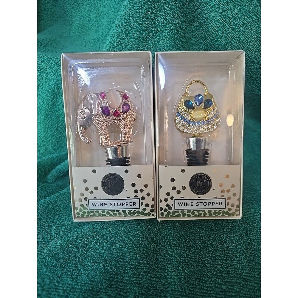 NEW IN BOX ~ ELEPHANT & Shopping Bag ~Jeweled Wine Stoppers Bling Rose Gold